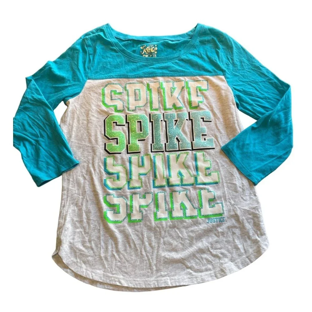 Justice Girls' 3/4 Sleeve baseball tee Turquoise Gray and Green Spike Volleyball